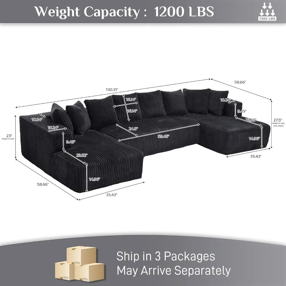 131" Modular Sectional Couch, Luxury Black Sectional Couches for Living Room,Corduroy Couch Sectional Sofa with Chaise Lounge - Image 2