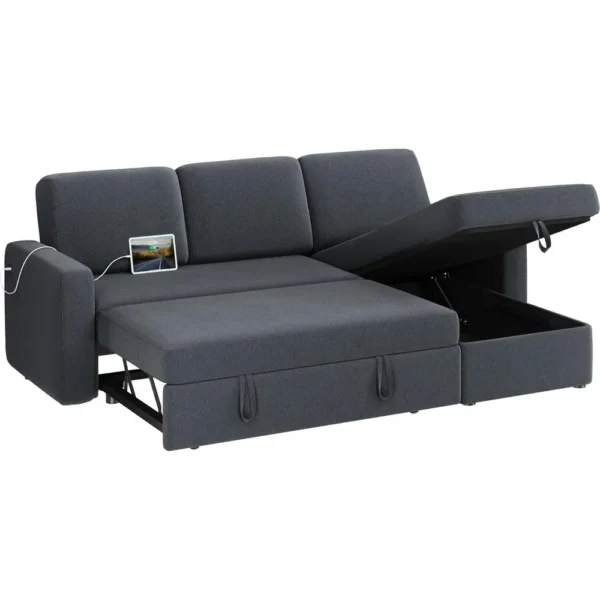Sectional Sofa L-Shaped Sofa Couch Bed w/Chaise & USB, Reversible Couch Sleeper w/Pull Out Bed & Storage Space - Image 3