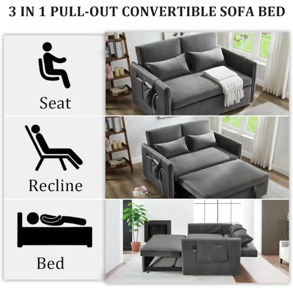 3 in 1 Pull Out Convertible Sofa Bed-Velvet Sleeper Sofa with 3Level Adjustable Backrest,Tufted Love Seat w/ 2Pockets ＆ 2Pillows - Image 4