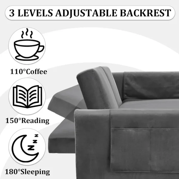 3 in 1 Pull Out Convertible Sofa Bed-Velvet Sleeper Sofa with 3Level Adjustable Backrest,Tufted Love Seat w/ 2Pockets ＆ 2Pillows - Image 5