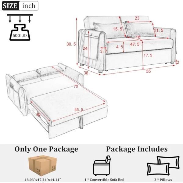 3 in 1 Pull Out Convertible Sofa Bed-Velvet Sleeper Sofa with 3Level Adjustable Backrest,Tufted Love Seat w/ 2Pockets ＆ 2Pillows - Image 3