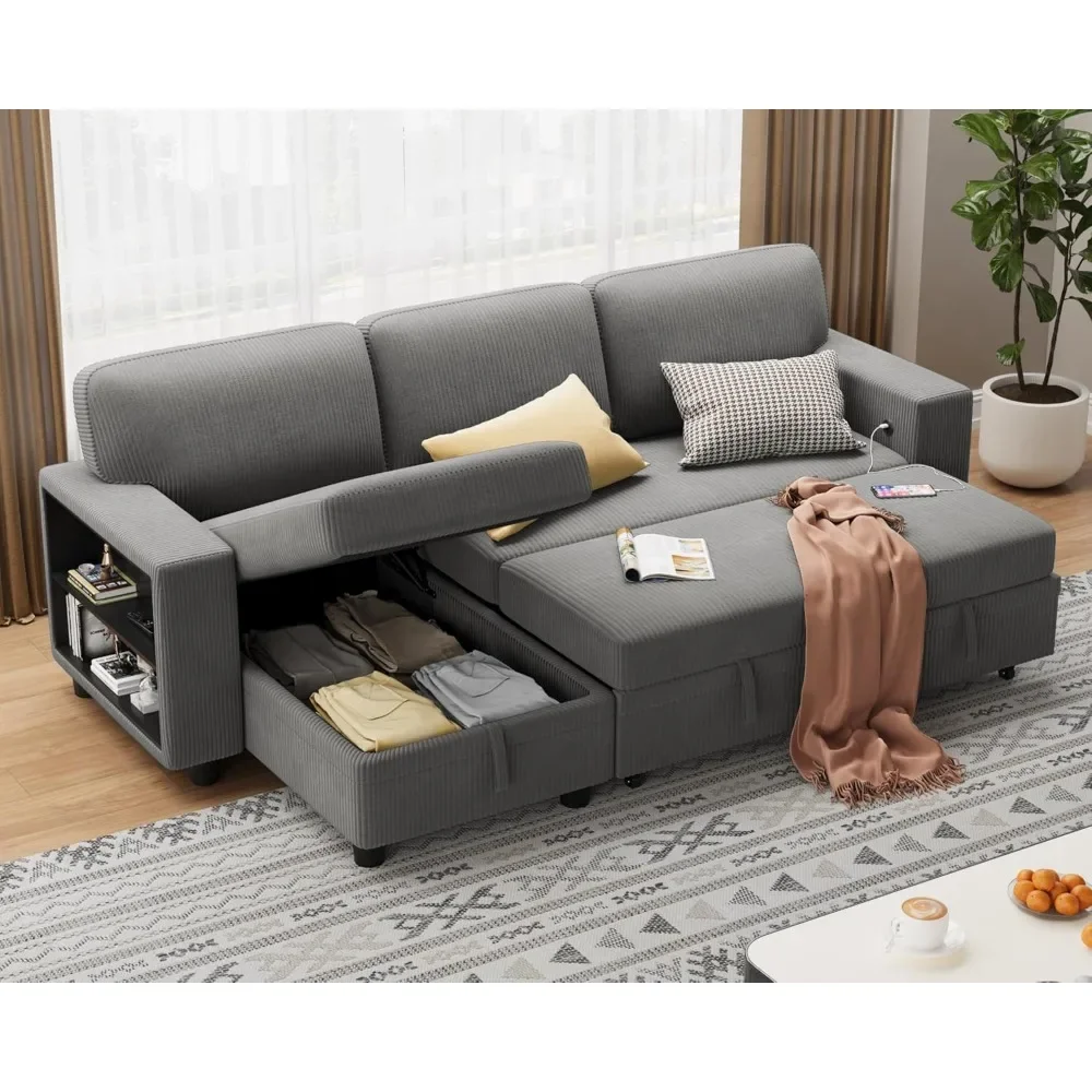 80" Sleeper Sofa, Sofa Bed with Built-in Large Storage and 2 Bookshelves, Convertible Sectional Sofa Couch, Pull Out Co