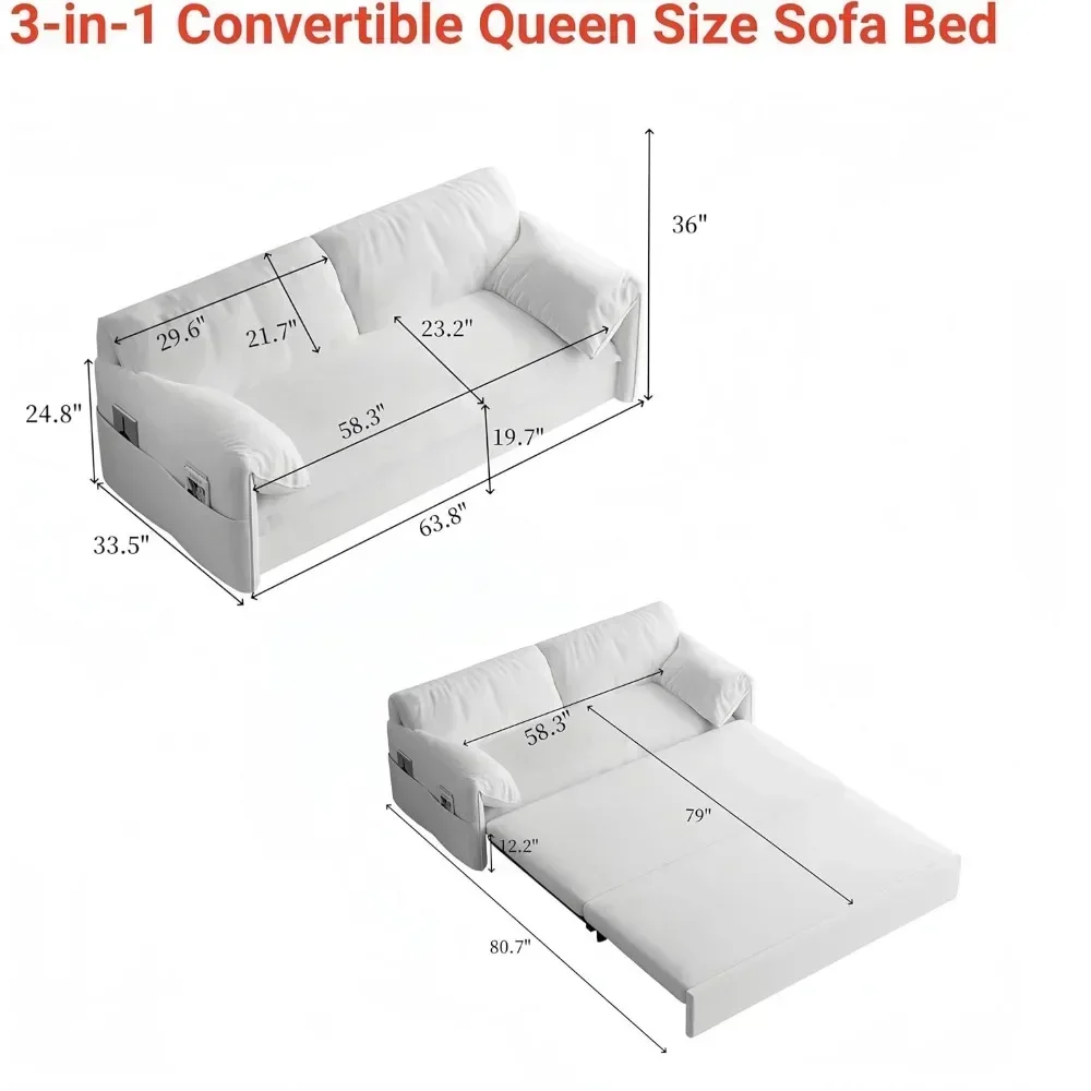 3 in 1 Convertible Queen Size Sofabed with Pull Out Sleeper Couch, Padded Armrests, Side Storage Pocket, Living Room Sofas - Image 3