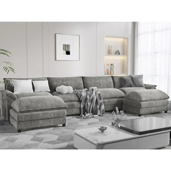 Modern Convertible Sofa U Shaped Couch, Fabric 6 Seat Sofa Set with Ottoman, Modular Sectional Sofa for Living Room, Apartment