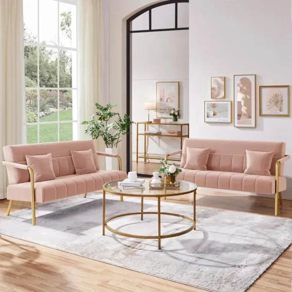 56.5" W Modern Loveseat 2 Seater Sofa Luxurious Velvet Fabric Couch with Gold-Tone Metal Arms and Legs for Bedroom, Studio Pink - Image 5