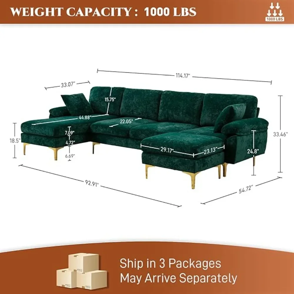 U-Shaped Sectional Sofa Couch, 4 Seat Sofa Set ,Convertible L-Shaped Velvet Couch Set with Chaise Lounge, Ottoman and Pillows - Image 2