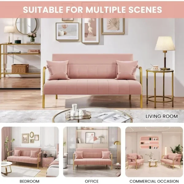 56.5" W Modern Loveseat 2 Seater Sofa Luxurious Velvet Fabric Couch with Gold-Tone Metal Arms and Legs for Bedroom, Studio Pink - Image 4