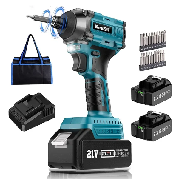 Seesii 250NM Impact Driver 21V Brushless Cordless Electric Screwdriver 1/4" Hex Chuck Impact Screw Driver Drill Power Tools kit