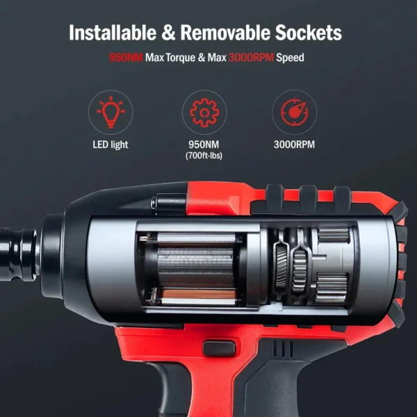 Avhrit 950N.M Cordless Electric Impact Wrench,1/2'' 3000RPM Brushless impact driver with 2x4Ah Batteries Power Tool Kits - Image 2