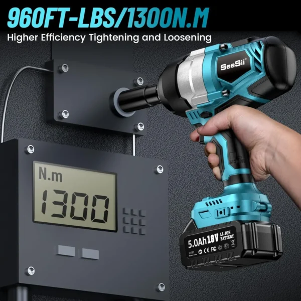Seesii WH810 Electric Impact Wrench Cordless 1300NM High Torque 1/2 960Ft-lbs Brushless Impact Gun Kit 2x 5Ah Battery for Makita - Image 2