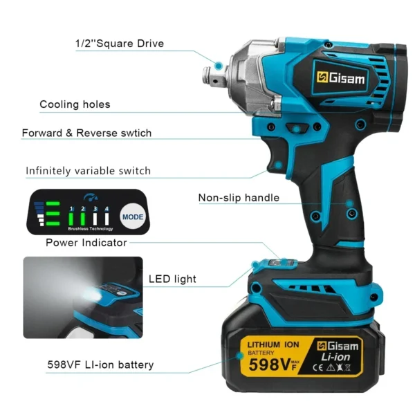 Gisam 1200NM Brushless Electric Impact Wrench 1/2 inch High Torque Cordless Electric Wrench Tools For Makita 18V Battery Pin - Image 3
