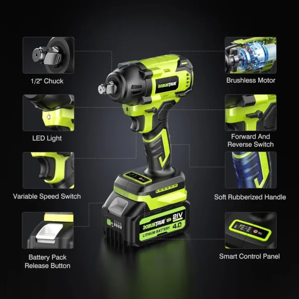 Brushless 550N.M Electric Impact Wrench 2800RPM 1/2 Inch Cordless Torque Wrench Screwdriver Power Tool For Makita 21V Battery - Image 4