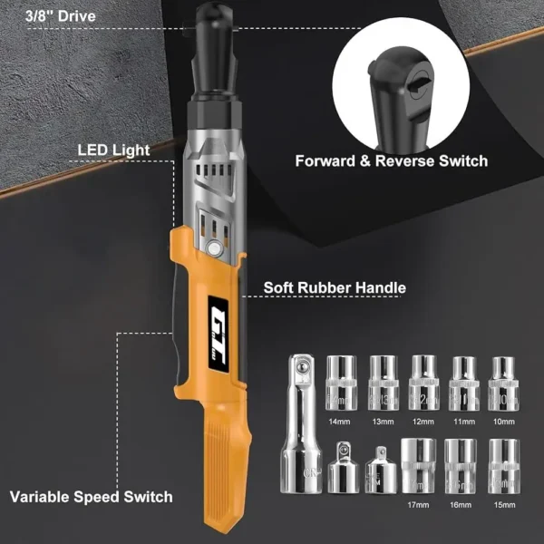 3/8" Cordless Ratchet Wrench Compatible with 20V MAX 74Ft-Lbs Torque 200 RPM Electric Tool Kit with Adapters and Sockets - Image 5