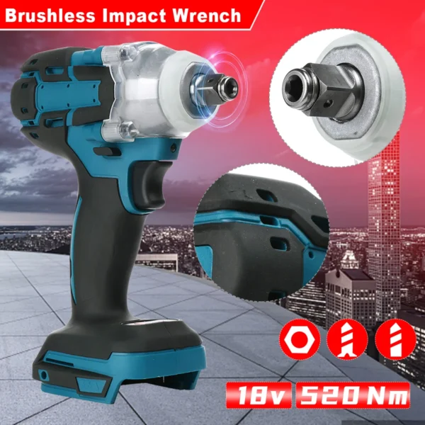 1/2 inch 520NM Brushless Cordless Electric Impact Wrench Power Tools Compatible Makita 18V Battery Wrench with Toolbox Set - Image 2