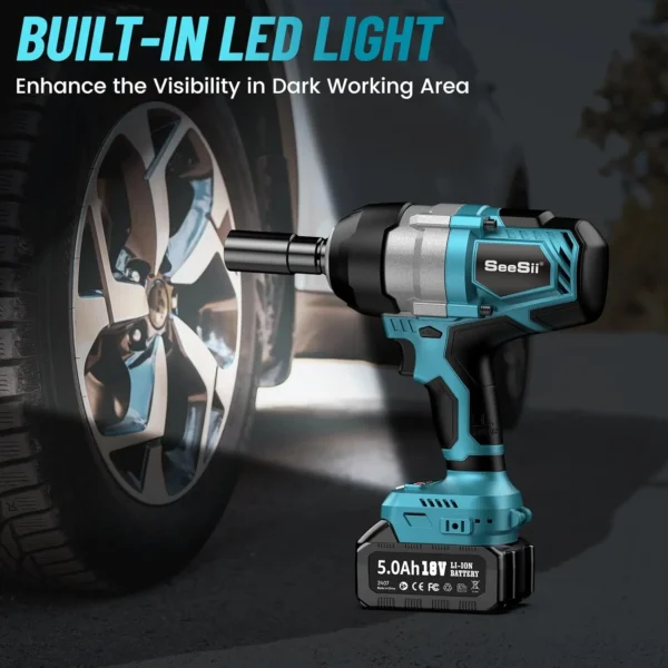 Seesii WH810 Electric Impact Wrench Cordless 1300NM High Torque 1/2 960Ft-lbs Brushless Impact Gun Kit 2x 5Ah Battery for Makita - Image 6