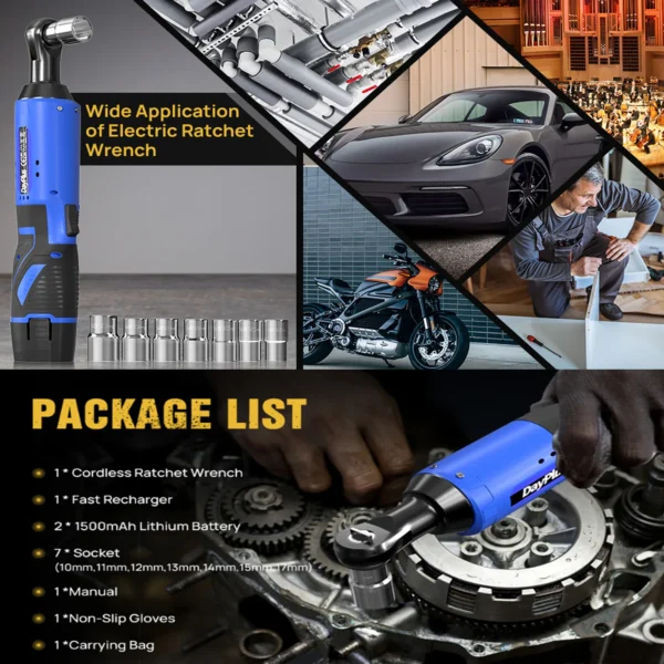 Electric Cordless Right Ratchet 3/8'' 90° Angle Wrench with LED Work Light +7pcs Sockets Set Power Ratchet Wrenches, 2 Battery - Image 3