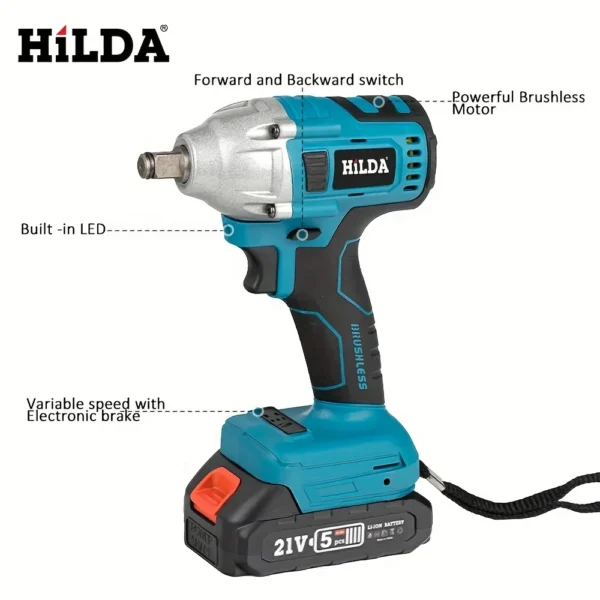 HILDA 21V Brushless Electric Impact Wrench1/2 Socket Wrench Cordless 500N.m Impact Wrench Impact Gun for Car Tiers - Image 2