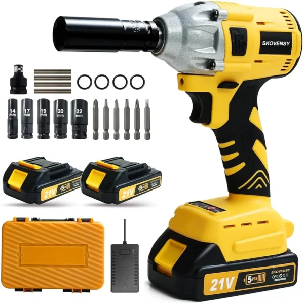 Cordless Impact Wrench 1/2" Electric Brushless Heavy Duty Tool Kit 350Nm Torque 2800rpm with 2 Batteries 5 Sockets Car Repair