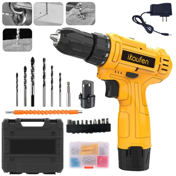 12V Cordless Impact Drill Driver Set Electric Screwdriver Tool Kit With 25+1 Torque Setting Variable Speeds