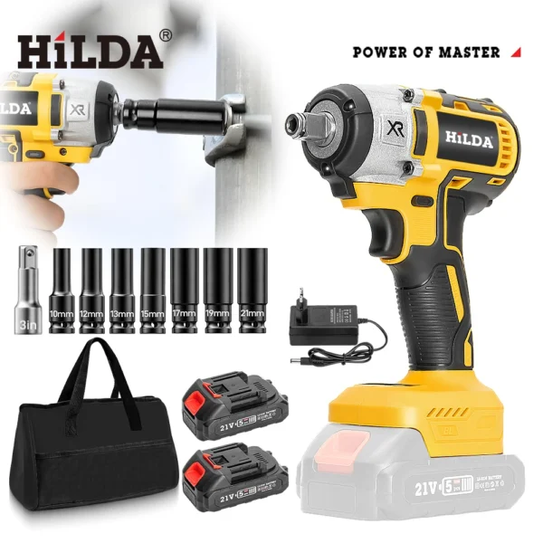 HILDA 21V Cordless Impact Wrench Two Li-ion Battery Fast Charger Tool Bag Power Impact Driver for Car Home