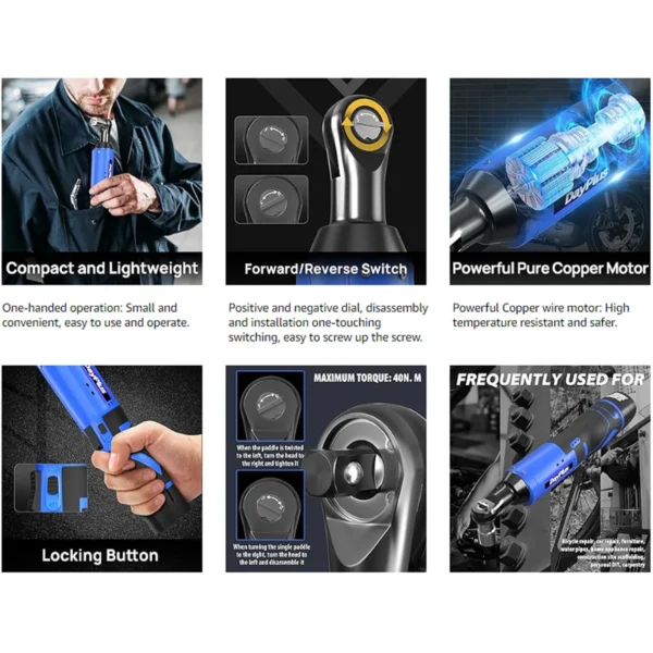 Electric Cordless Right Ratchet 3/8'' 90° Angle Wrench with LED Work Light +7pcs Sockets Set Power Ratchet Wrenches, 2 Battery - Image 4