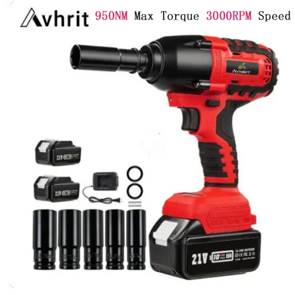 Avhrit 950N.M Cordless Electric Impact Wrench,1/2'' 3000RPM Brushless impact driver with 2x4Ah Batteries Power Tool Kits