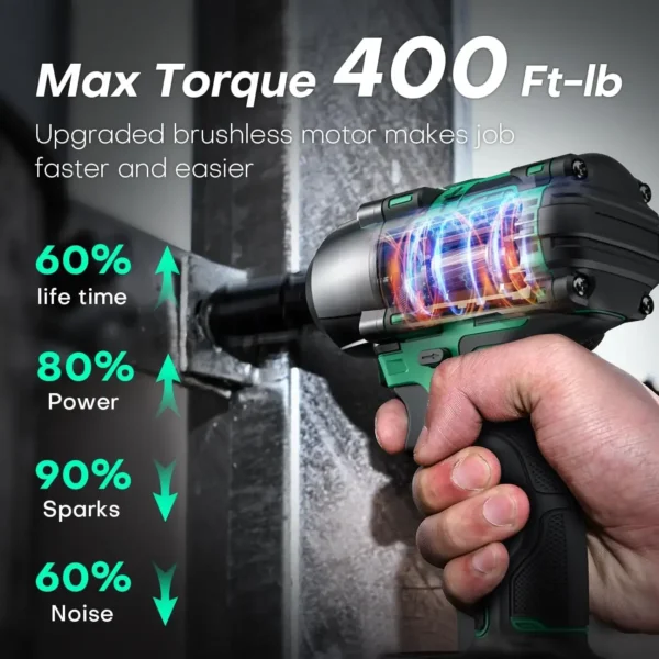 Cordless mpact Wrench1/2"with400ft-lb MaxTorque,3000RPM, 20V Electric Impact Wrench with11Hour Fast Charger &2 x 3000mAh Battery - Image 3