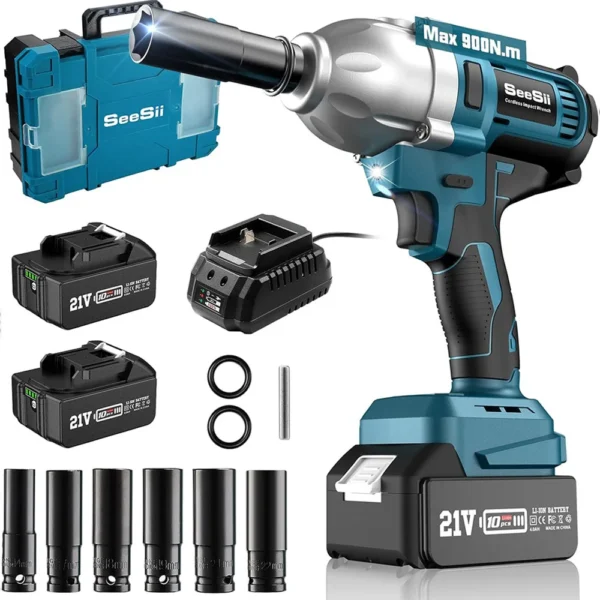 SEESII Cordless Electric Impact Wrench 1/2'' 900N.m Brushless 3300RPM High Torque Gun w/ 2x 4.0Ah Battery for Makita 18V Battery