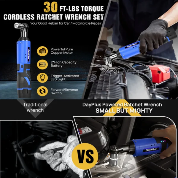 Electric Cordless Right Ratchet 3/8'' 90° Angle Wrench with LED Work Light +7pcs Sockets Set Power Ratchet Wrenches, 2 Battery - Image 2