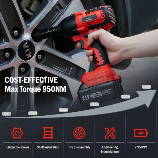 Avhrit 950N.M Cordless Electric Impact Wrench,1/2'' 3000RPM Brushless impact driver with 2x4Ah Batteries Power Tool Kits - Image 4