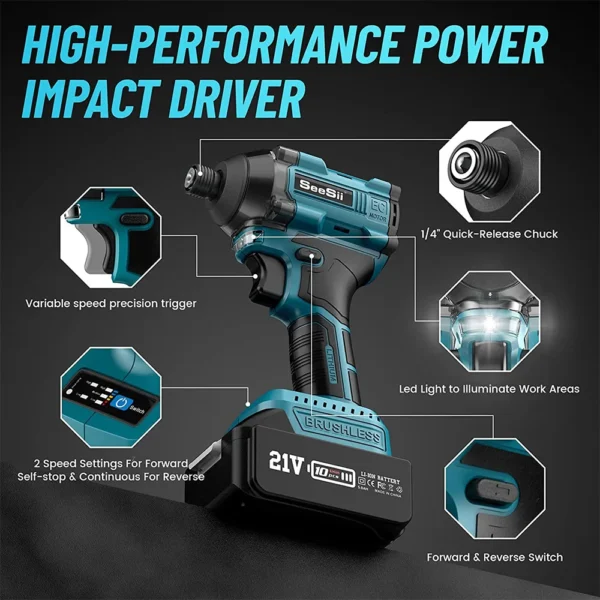 SEESII Brushless Electric Screwdriver Drill Cordless Variable Speed 250NM Impact Driver Power Tools For Makita 18v Battery - Image 2