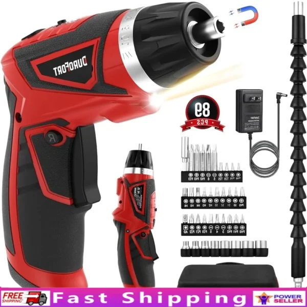 Cordless Electric Screwdriver Set 8V 10Nm Rechargeable Kit 89pcs Accessories 10 1 Torque Settings LED Light Dual-Position Handle