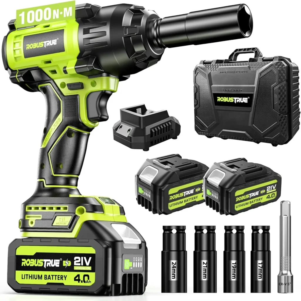 Robustrue Cordless Impact Wrench 738ft-lbs(1000N.m) High Torque Brushless Impact Gun 2 x4.0Ah Battery For Makita Electric Wrench