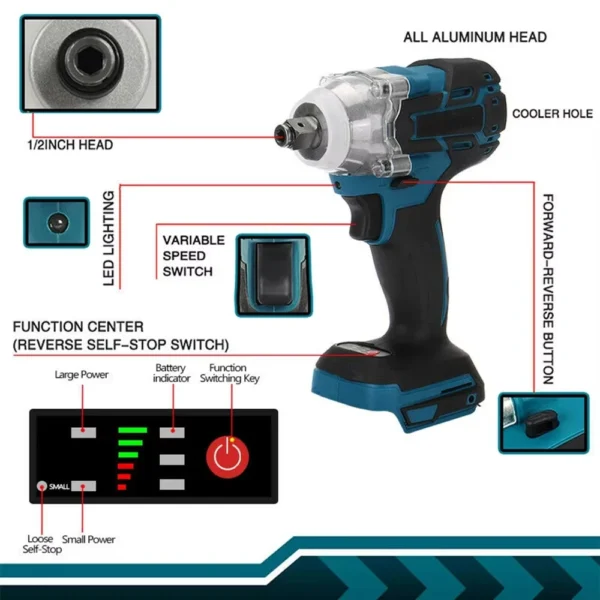 520NM Cordless Electric Impact Wrench Brushless 1/2 inch Power Tools Compatible for Makita 18V Battery - Image 6
