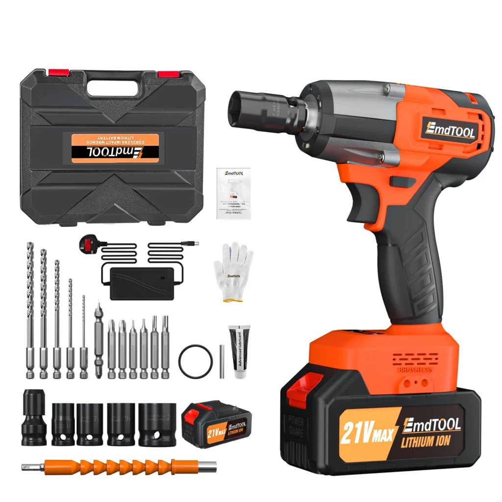 EMDTOOL Cordless Impact Wrench, 1/2 inch Driver Brushless Impact Gun, Variable Speed 3200rpm & Max Torque 1500Nm,4 Socket Sets