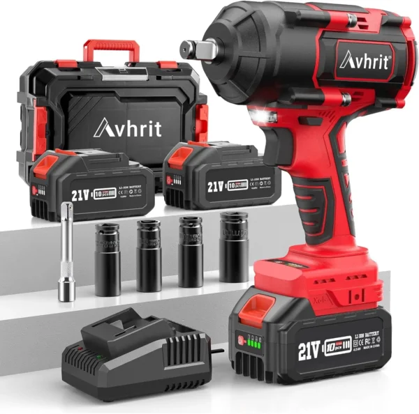 1/2" 1000Nm(738ft-lbs) Cordless Impact Wrench w/2×4.0Ah Li-ion Battery & Fast Charger|4 Sockets Kit for Truck/RV/Car Maintenance