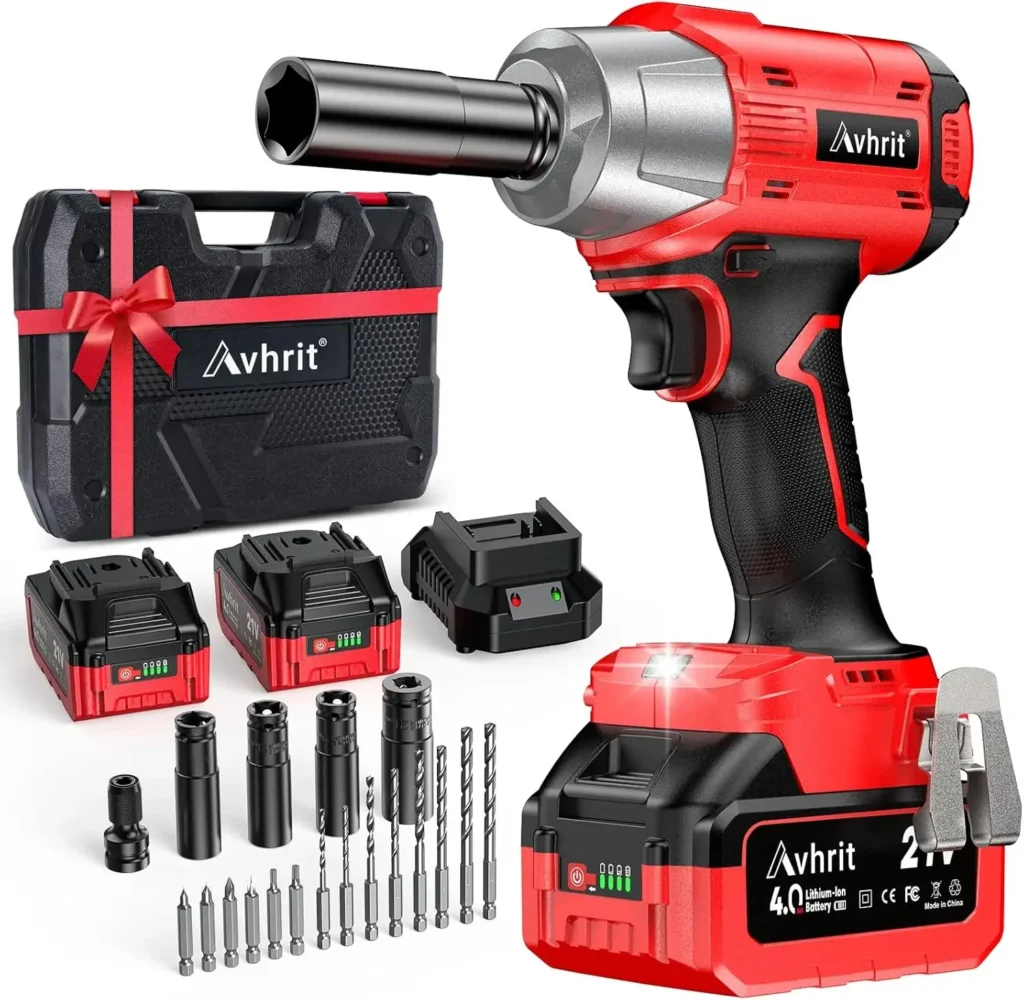 Avhirt Cordless Impact Wrench 480Ft-lbs/650N.m,3300RPM with 4000mAh Battery&4 Sockets-1/2"Heavy Duty Electric Driver for Car