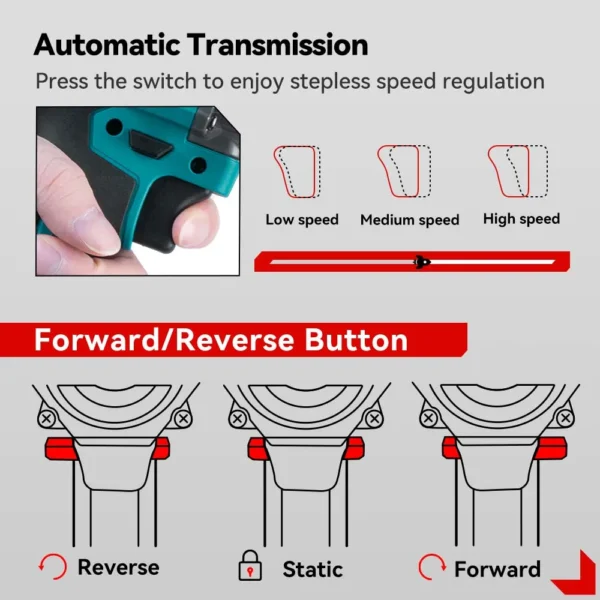ONEVAN 1200N.M Brushless Electric Impact Wrench 3 Funtion 1/2" Cordless Screwdriver Electric Drill for BL1840B BL1850 18V Batter - Image 5