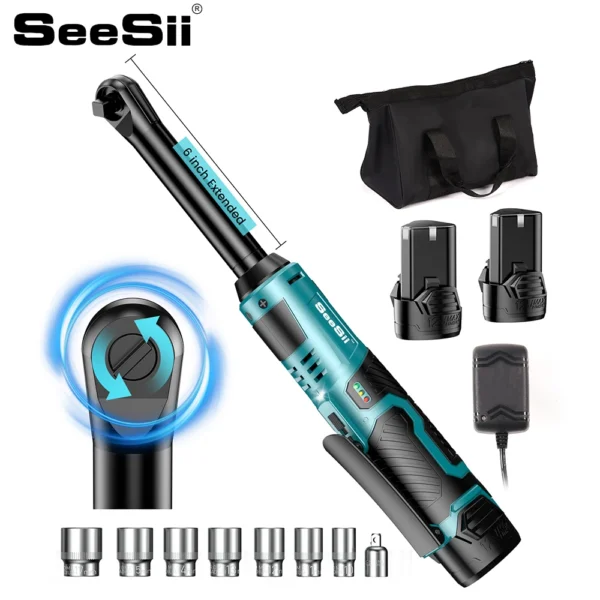 SEESII 3/8"Cordless Electric Wrench 55Nm 6" Extended Ratchet Wrench 12V Rechargeable Angle Wrench Car Repair Tools w/2 Batteries