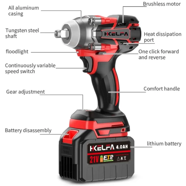 HKELFA 520N.M Brushless Electric Impact Wrench Cordless Electric Wrench 1/2 inch for Makita 21V Battery Screwdriver Power Tools - Image 6