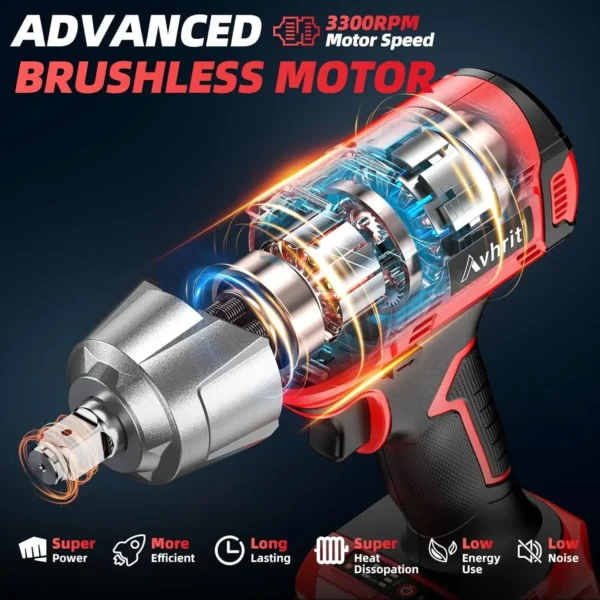 1/2 Inch Brushless Cordless Impact Wrench 480Ft-lbs|3300RPM High Torque with 2x4000mAh Batteries&4 Sockets for Car Repair,Home - Image 3
