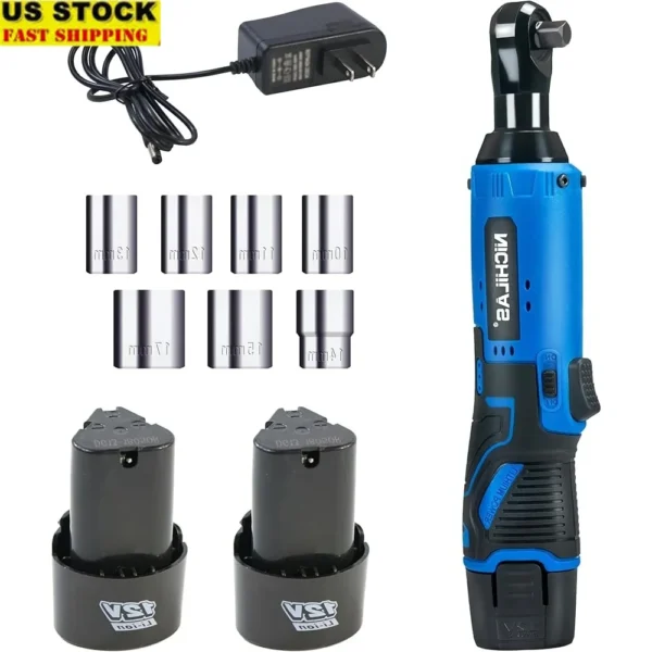 Cordless Electric Ratchet Wrench 3/8" 12V Power Tool with 7 Sockets 2-Pack 2.0Ah Battery LED Light Ideal Auto Home Repair