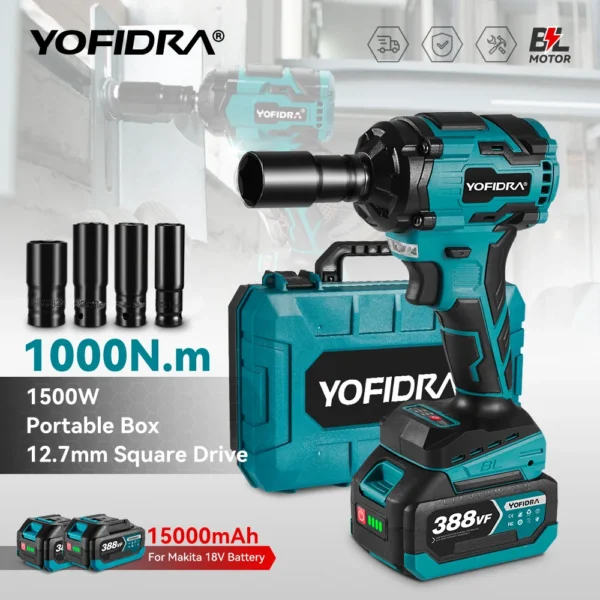 YOFIDRA 1500W 1000N.M Brushless Electric Impact Wrench 1/2 Cordless Screwdriver Drill Socket Set for 21V 18V Battery