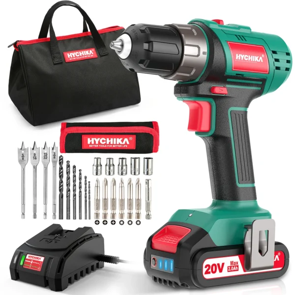 HYCHIKA Cordless Electric Screwdriver with Storage Bag LED Light 2.0 Ah Battery with Fast Charger for Wood Drilling Power Tool