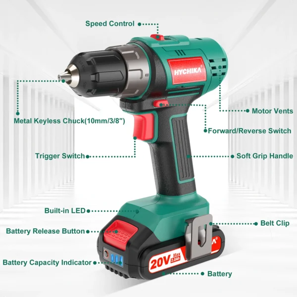 HYCHIKA Cordless Electric Screwdriver with Storage Bag LED Light 2.0 Ah Battery with Fast Charger for Wood Drilling Power Tool - Image 2