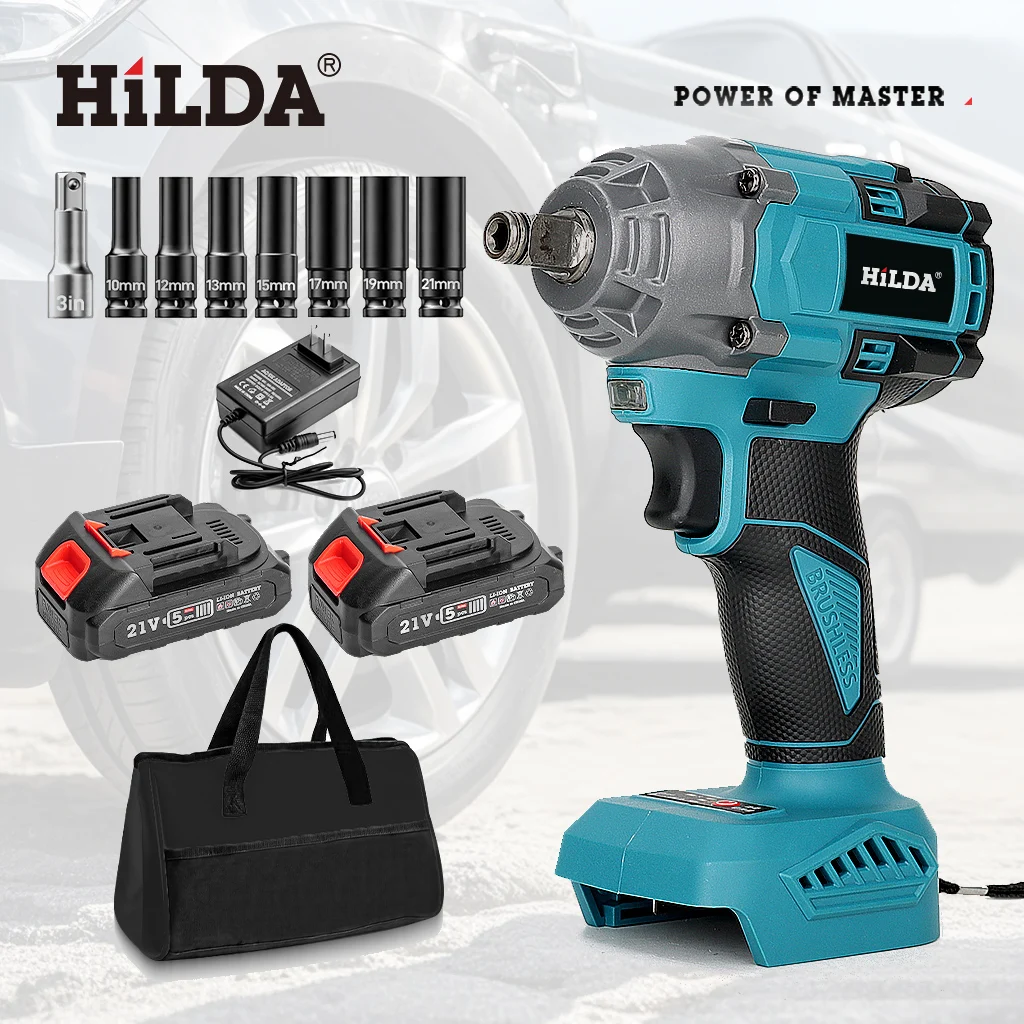 HILDA 1/2" Rechargeable Cordless Impact Wrench 500N.m Brushless Impact Wrench Charger For Makita Battery Car Truck Home