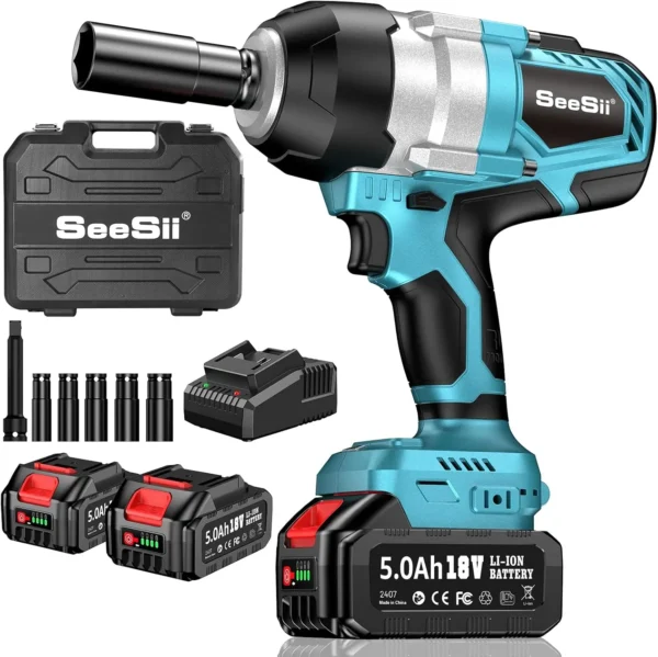 Seesii WH810 Electric Impact Wrench Cordless 1300NM High Torque 1/2 960Ft-lbs Brushless Impact Gun Kit 2x 5Ah Battery for Makita