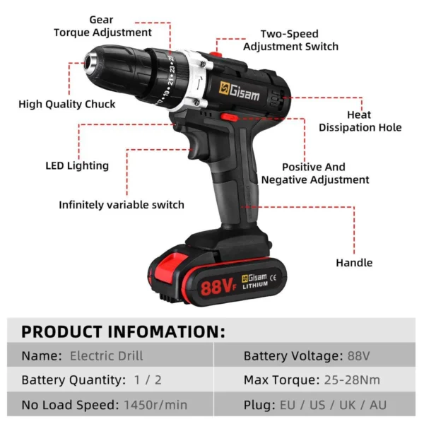 25+3 Torque Cordless Drill Electric Screwdriver Rechargeable Electric Drill Lithium-Ion Battery 2 Speed DIY Driver Power Tools - Image 5