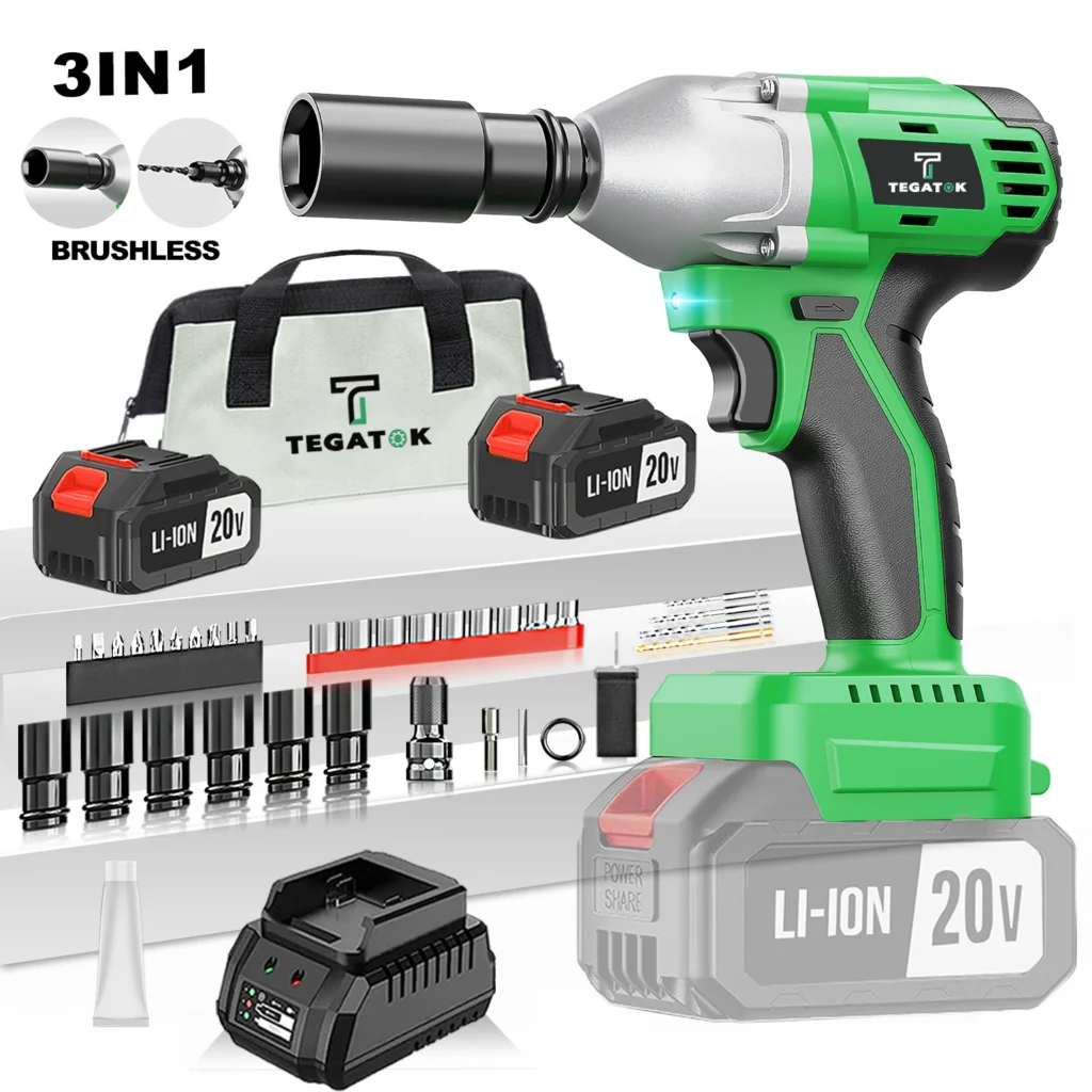 Tegatok Electric wrenchused for home, work, torque of 320 foot pounds (430 Newton meters), two batteries and accessories.