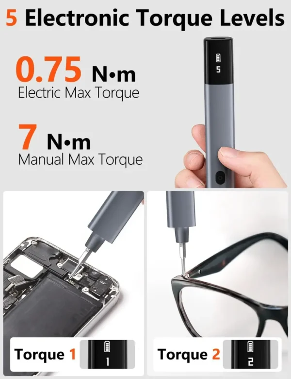 JIZHOU Set, Small Electric Precision Screwdriver with 5 Torque Levels, Max 0.75N.m, 500mAh Battery, 50-in-1 Cordless Power Screw - Image 3